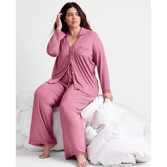 State Of Day Other - State of Day Macy’s Pink Lace Trim Collared Pajama Set 2PC Button Top Pants M